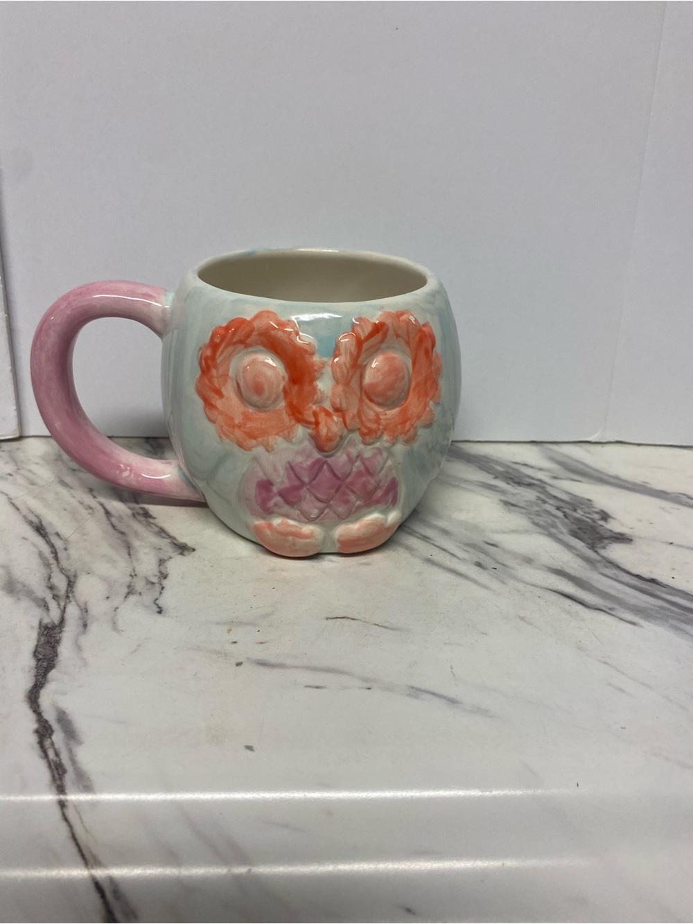Ceramic Owl Mug in Pastel Pink and Coral
